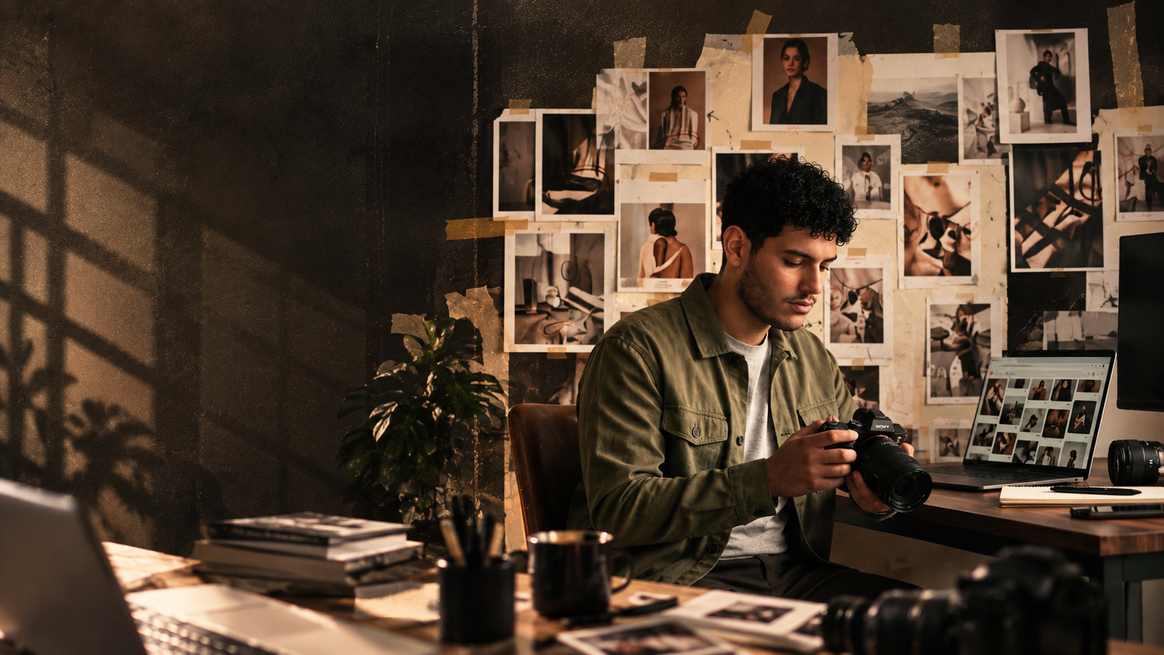 David Ramirez revisando fotos en su cámara, en el estudio