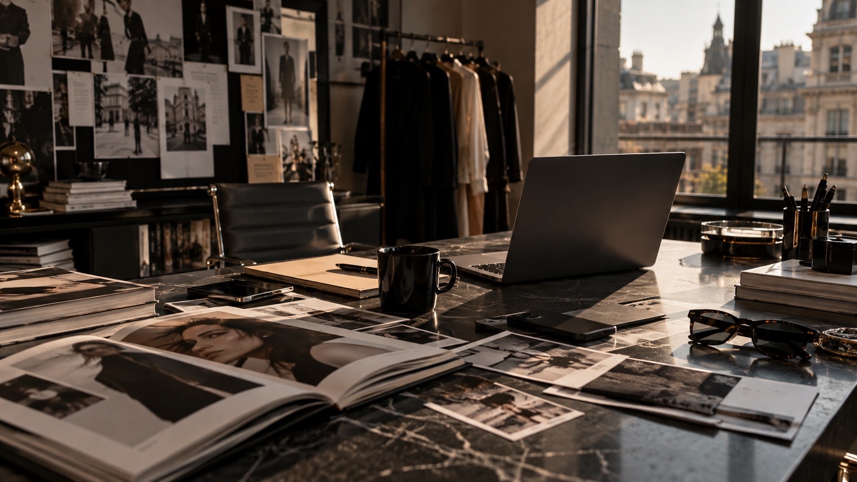 Escritorio de trabajo con revistas, fotos impresas y una laptop